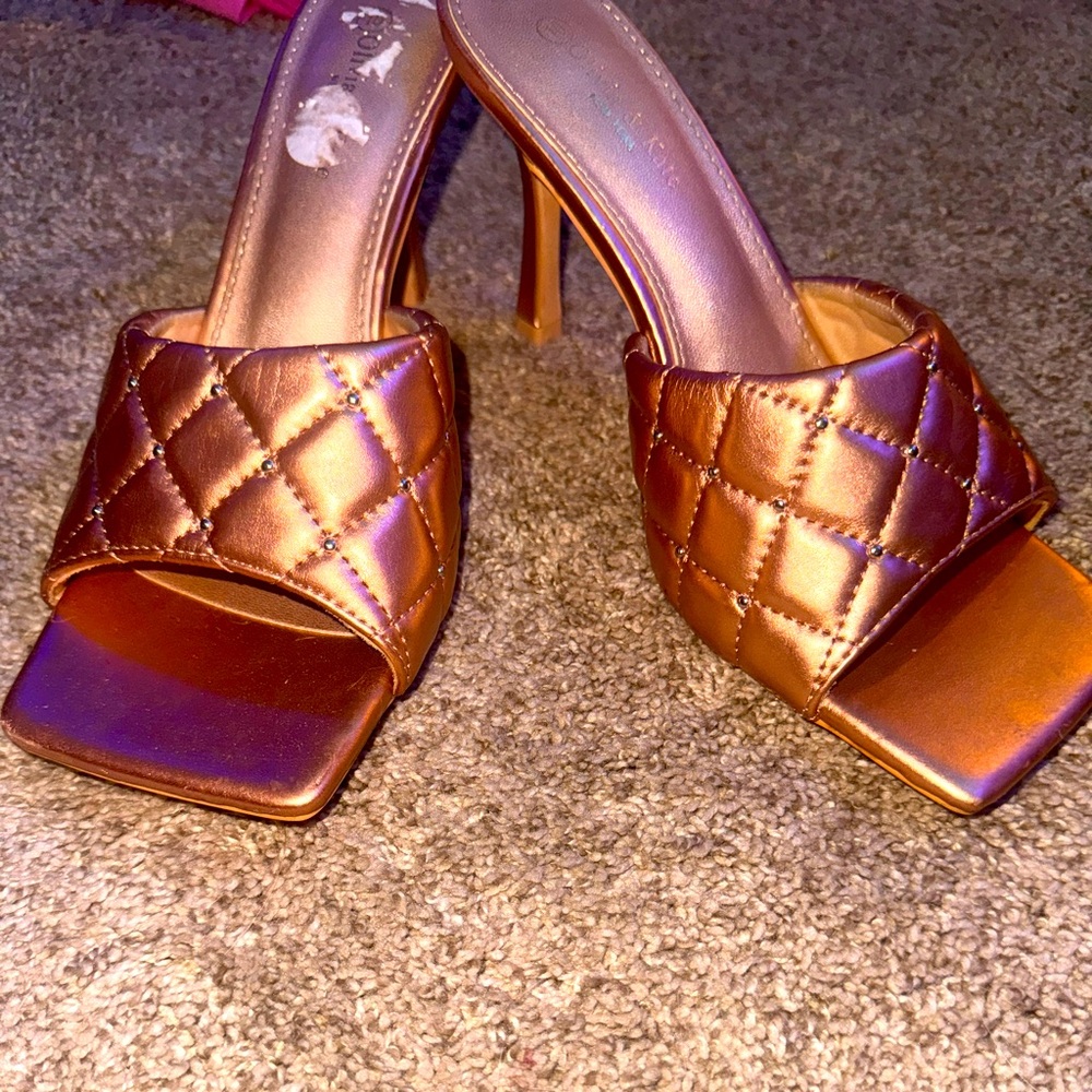 Gold Quilted Heeled Mules with Square Toe